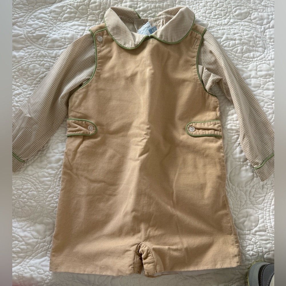 Little English. Tan Kids Overalls & Gingham Shirt set. jumper & matching shirt